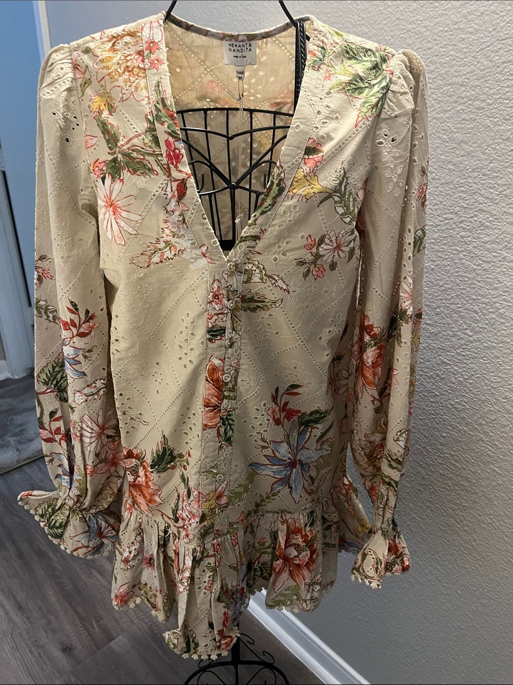 Floral Eyelet V-Neck Ruffle Tunic - Cream